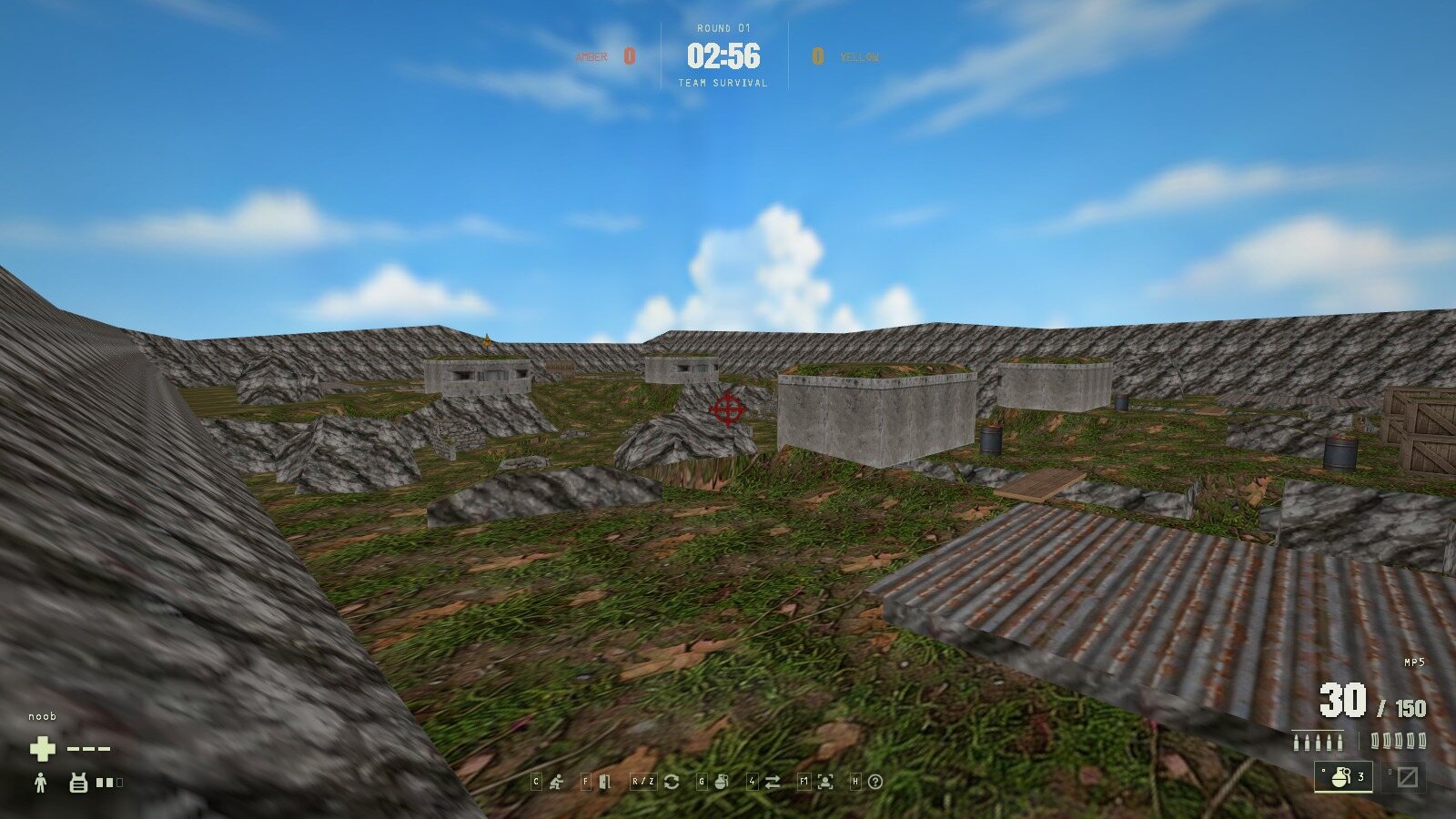 First-person view with the HUD across the open Bunkers field toward the central bunkers