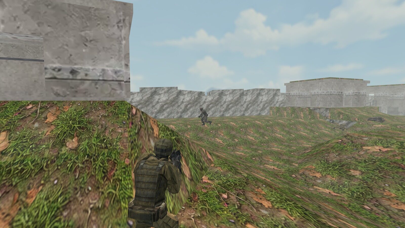 An operator crouched on an Outpost ridge watching an opponent cross toward the bunkers